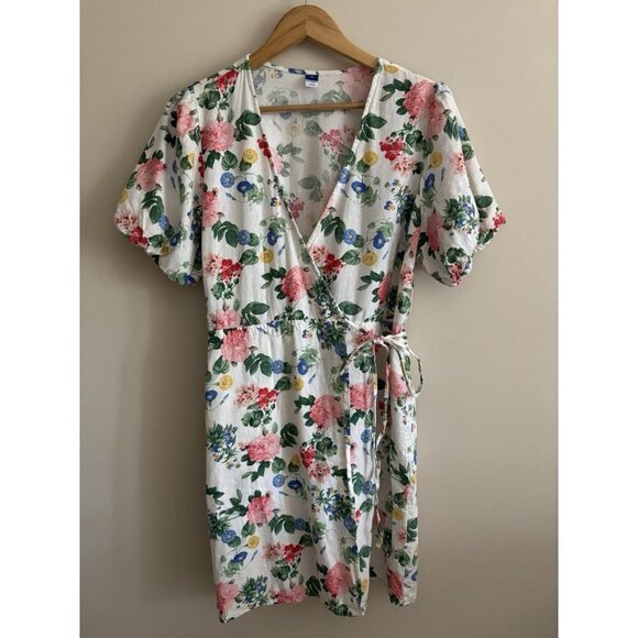 Old Navy Floral Puff-Sleeve Mini Wrap Dress Pink Roses Size XL Cottagecore Short - Picture 1 of 11